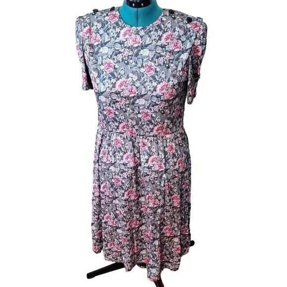 Vintage 80s Floral Print Short Sleeve Dress Cottagecore Women Size Petite Large - Picture 8 of 11